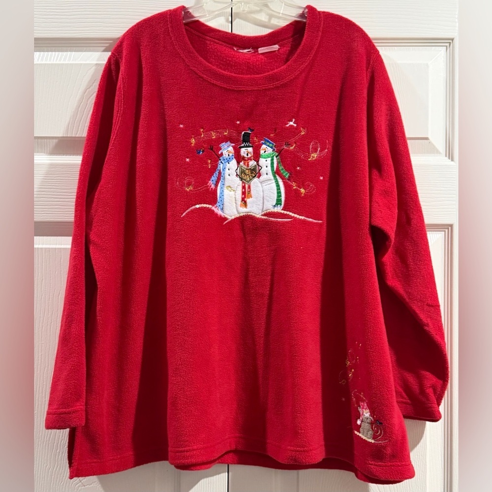 Womens Christmas Sweatshirt Size 3X Dark Red Snowman Stars Embroidered Pullover